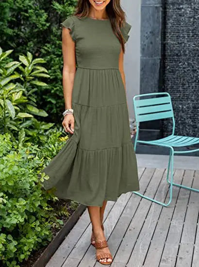 2023 Summer Fashion Casual Pleated A Line Women's Dress Fashion Elegant Chic Solid O-neck Flying Sleeve Long Dresses For Women