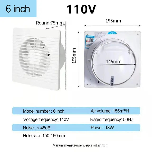 4/6/8 Inch 110V/220V Silent Exhaust Fan Ventilation Vents Vents Fan Range Hood Extractor Fan Ventilator Bathroom Kitchen Toilet