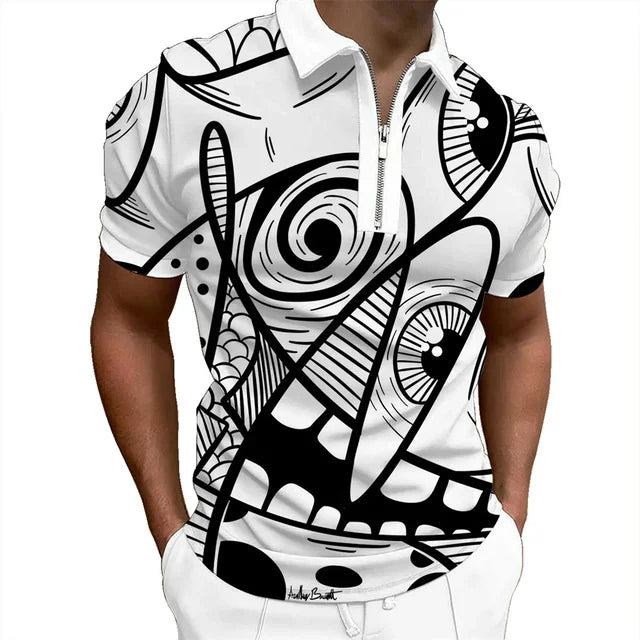 Summer Men Watercolor Doodle Short Sleeve Zipper Collar Clothing Polo Shirt For Men 3D Printed Graphic Breathable Casual Top