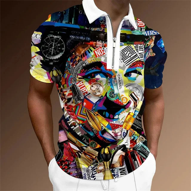 Summer Men Watercolor Doodle Short Sleeve Zipper Collar Clothing Polo Shirt For Men 3D Printed Graphic Breathable Casual Top