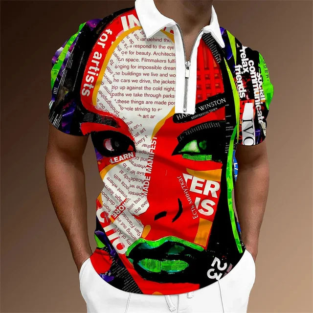 Summer Men Watercolor Doodle Short Sleeve Zipper Collar Clothing Polo Shirt For Men 3D Printed Graphic Breathable Casual Top