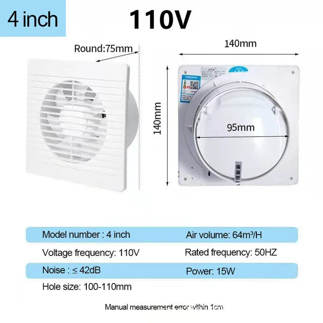 4/6/8 Inch 110V/220V Silent Exhaust Fan Ventilation Vents Vents Fan Range Hood Extractor Fan Ventilator Bathroom Kitchen Toilet