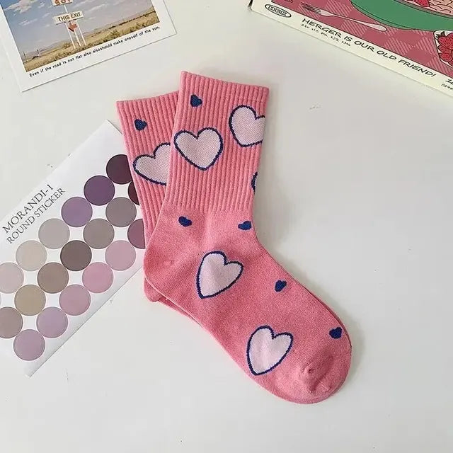 Trendy Versatile Pink White Flower Socks Girls Cute Polka Dot Cotton Socks Anti-Slip Antibacterial Sweat Absorbent All Seasons