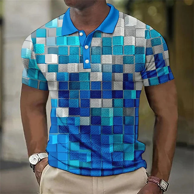 New Business Short Sleeve T-Shirt Plaid Men Polo Shirt Mesh Breathable Lapel Casual Top T-Shirt Summer Fashion Men's T-Shirt