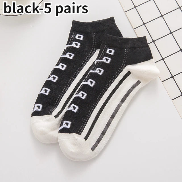 5 Pairs Funny Shoe Print Socks Fashion Harajuku Style Hip Hop Cute Fashion Soft Womens Slippers Socks Unisex Low Tube Socks