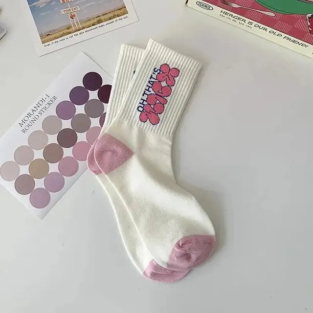 Trendy Versatile Pink White Flower Socks Girls Cute Polka Dot Cotton Socks Anti-Slip Antibacterial Sweat Absorbent All Seasons