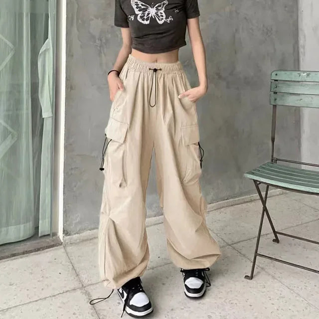 Solid Casual Baggy Cargo Pants For Women 2023 Fashion Vintage Women's High Waist Wide Pants Youthful Female Trousers Streetwear