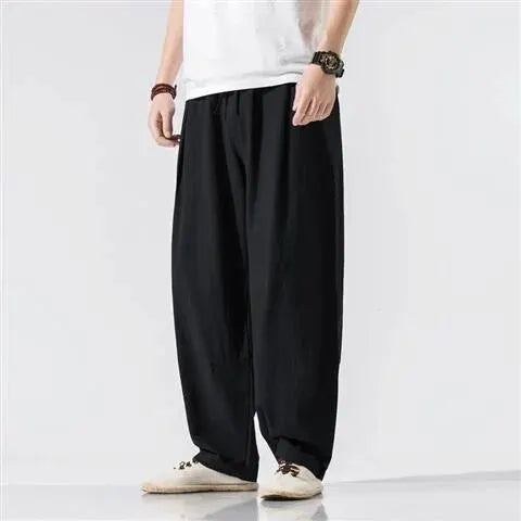 Loose Men Linen Pants Casual Style Trousers High Waist Design Suitable Young People In Black Light Grey Dark Green