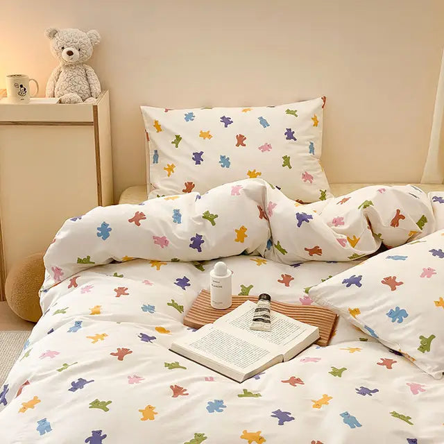 Korean Style Bedding Set Boys Girls Twin Queen Size Duvet Cover Flat Sheet Pillowcase Bed Linen Kids Adult Fashion Home Textile