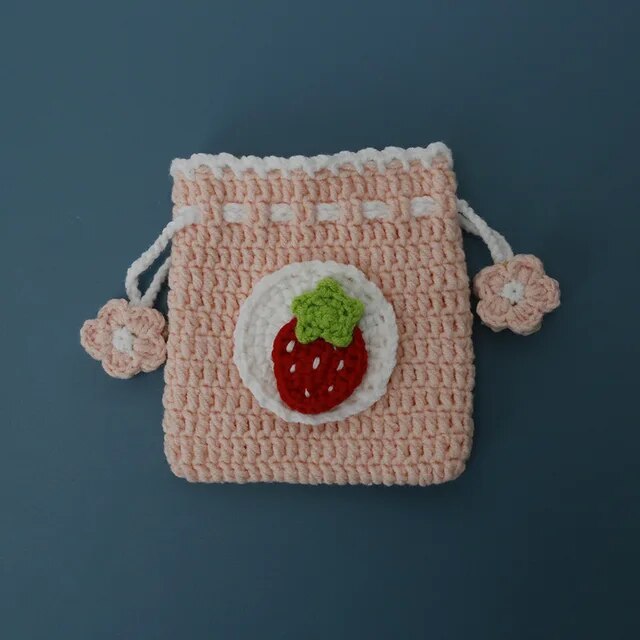 Handmade Knitted Cartoon Coin Purse Drawstring Pouch for Women Children Carrying Earphones Lipsticks Key Coins Small Wallet Bags