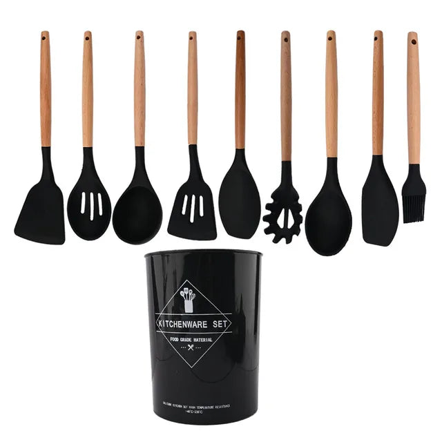 White Food Grade Silicone Kitchen Cookware Utensils Turner Spatula Spoon Wooden Handle Practical Cooking Tool Kitchenware Set