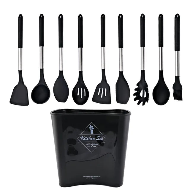 Silicone Kitchenware Non-stick Cooking Utensils Set Cookware Spatula Egg Beaters Shovel Stainless Steel Handle Kitchen Tool Set