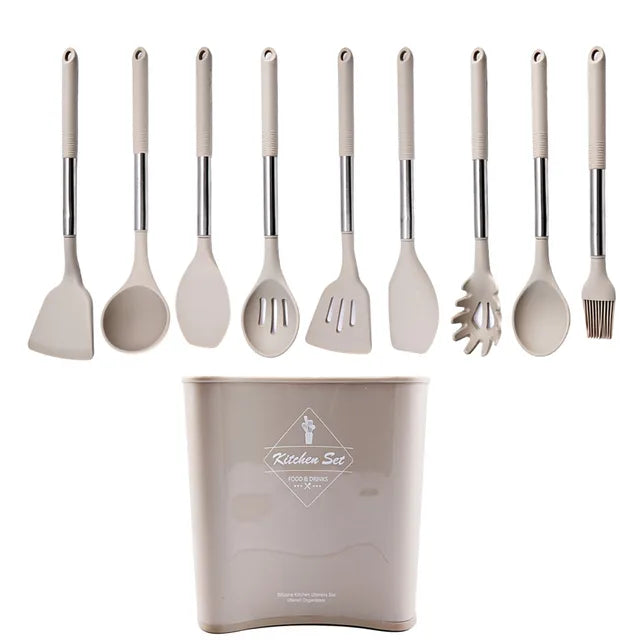 Silicone Kitchenware Non-stick Cooking Utensils Set Cookware Spatula Egg Beaters Shovel Stainless Steel Handle Kitchen Tool Set