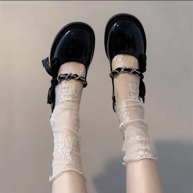 1 Pair Women Socks Japanese Lolita Lace Mid Length Stockings Ultra-thin Hollowed Out Calf Short Socks Leather Shoes Accessory