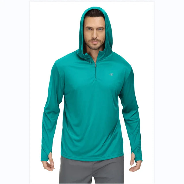 Men Long Sleeve Shirt UPF 50+ Rash Guard Swim Shirt Athletic Hoodie Fishing Hiking Workout Cooling Tee Quick Dry Shirts with Zip