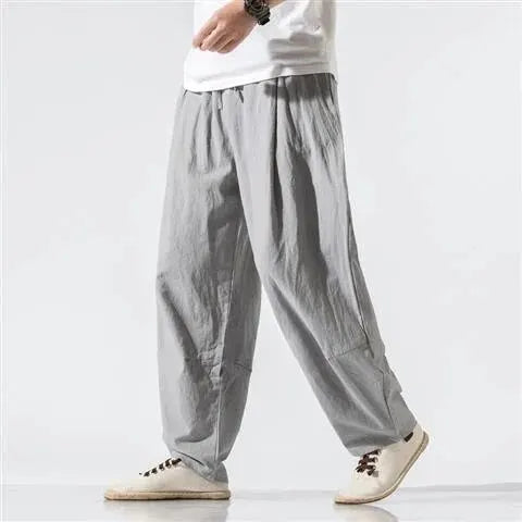 Loose Men Linen Pants Casual Style Trousers High Waist Design Suitable Young People In Black Light Grey Dark Green