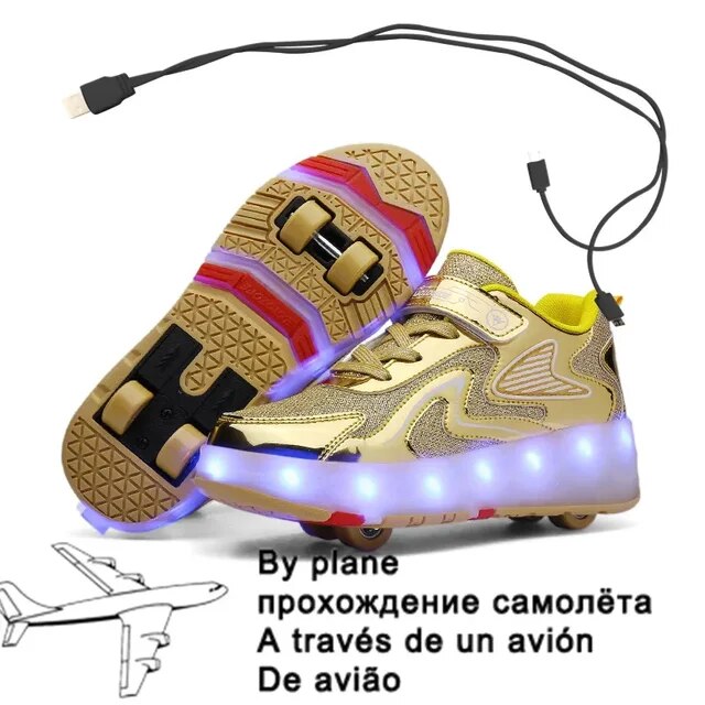 Children Four Wheels Luminous Glowing Sneakers Black Pink Led Light Roller Skate Shoes Kids Led Shoes Boys Girls USB Charging 43