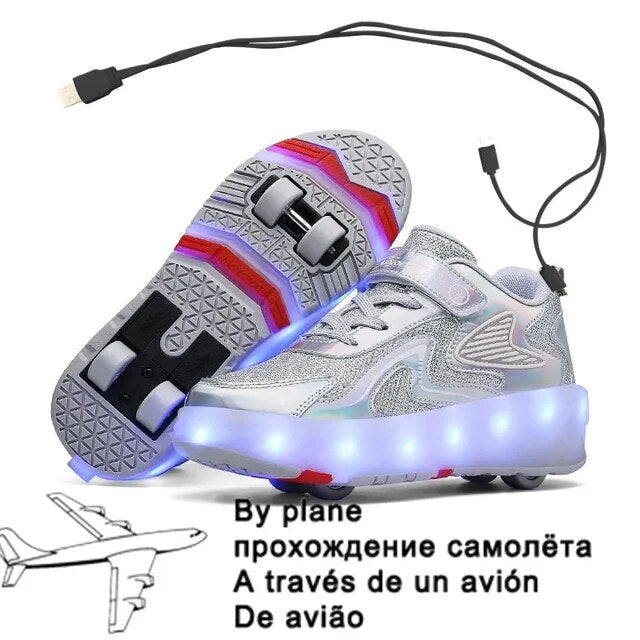 Children Four Wheels Luminous Glowing Sneakers Black Pink Led Light Roller Skate Shoes Kids Led Shoes Boys Girls USB Charging 43