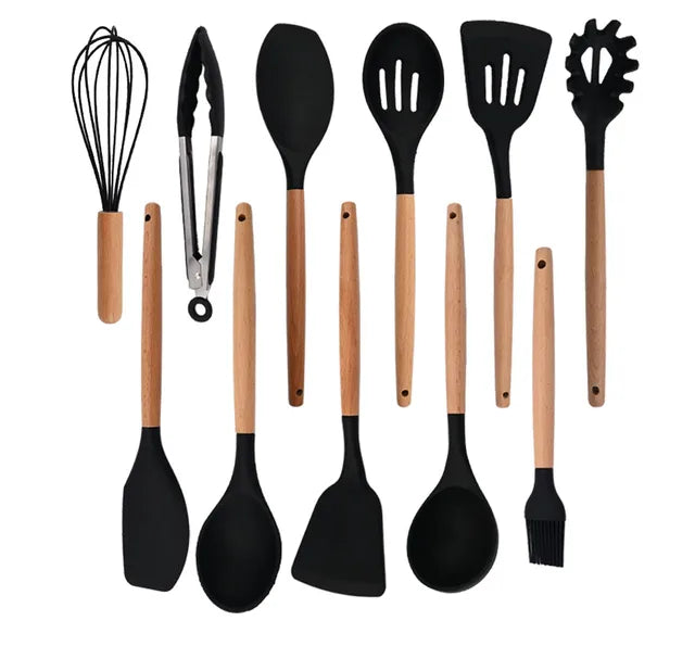 White Food Grade Silicone Kitchen Cookware Utensils Turner Spatula Spoon Wooden Handle Practical Cooking Tool Kitchenware Set