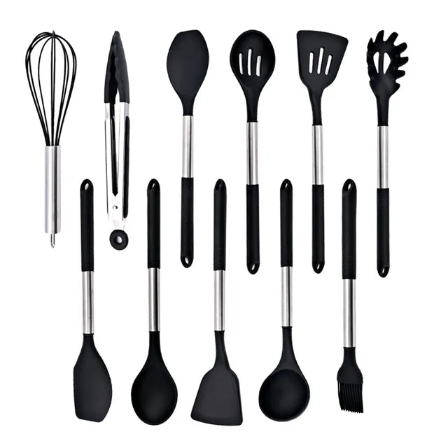 Silicone Kitchenware Non-stick Cooking Utensils Set Cookware Spatula Egg Beaters Shovel Stainless Steel Handle Kitchen Tool Set