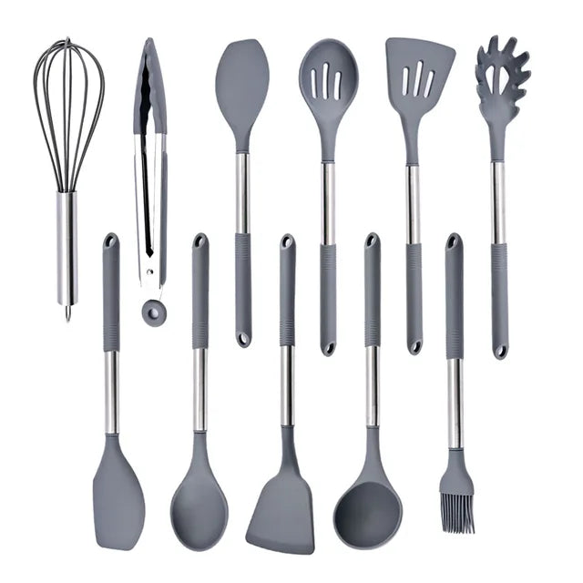 Silicone Kitchenware Non-stick Cooking Utensils Set Cookware Spatula Egg Beaters Shovel Stainless Steel Handle Kitchen Tool Set