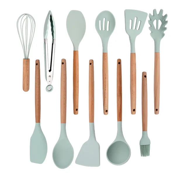 White Food Grade Silicone Kitchen Cookware Utensils Turner Spatula Spoon Wooden Handle Practical Cooking Tool Kitchenware Set