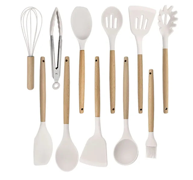 White Food Grade Silicone Kitchen Cookware Utensils Turner Spatula Spoon Wooden Handle Practical Cooking Tool Kitchenware Set