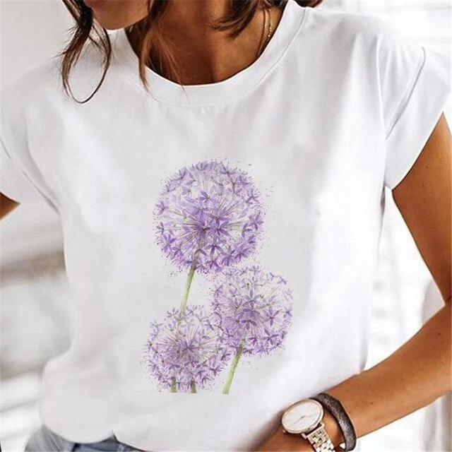 Women Dandelion T-shirts Fashion Clothing Cartoon Clothes Watercolor 90s Short Sleeve Spring Summer Female Tee Graphic Tshirt