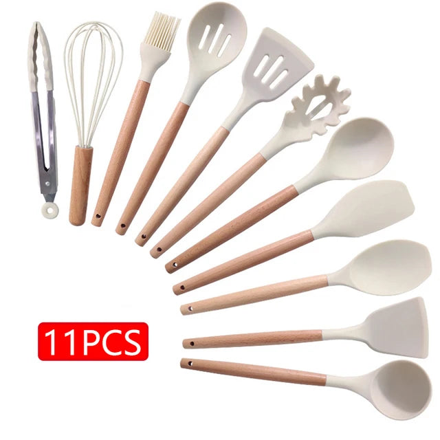 11/12PCS Silicone Kitchenware Non-Stick Cookware Kitchen Utensils Set Spatula Shovel Egg Beaters Wooden Handle Cooking Tool Set