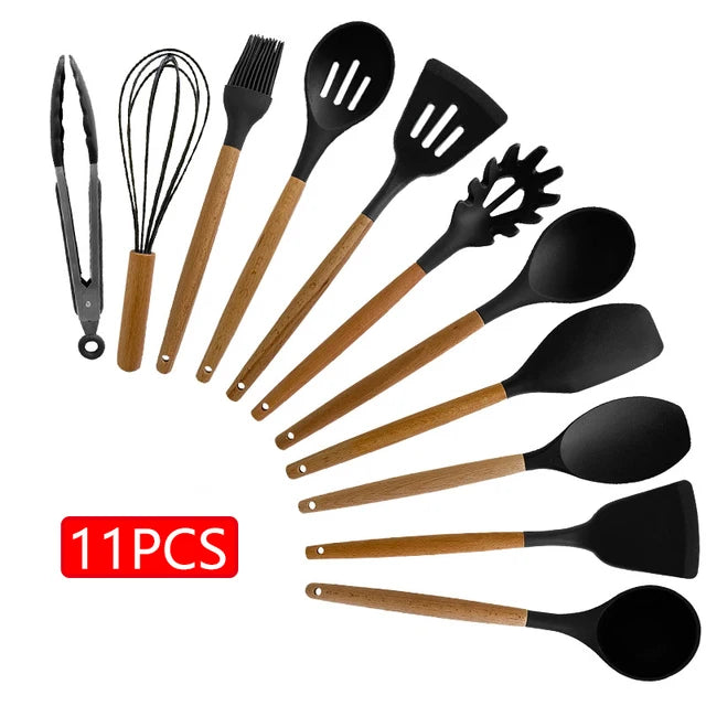 11/12PCS Silicone Kitchenware Non-Stick Cookware Kitchen Utensils Set Spatula Shovel Egg Beaters Wooden Handle Cooking Tool Set