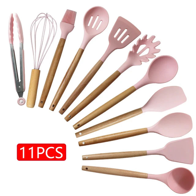 11/12PCS Silicone Kitchenware Non-Stick Cookware Kitchen Utensils Set Spatula Shovel Egg Beaters Wooden Handle Cooking Tool Set