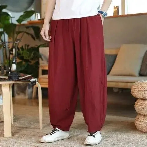 Loose Plus Size Summer Men Linen Pants Large Size Fat Person Wide Leg Casual Nine-Point Pants