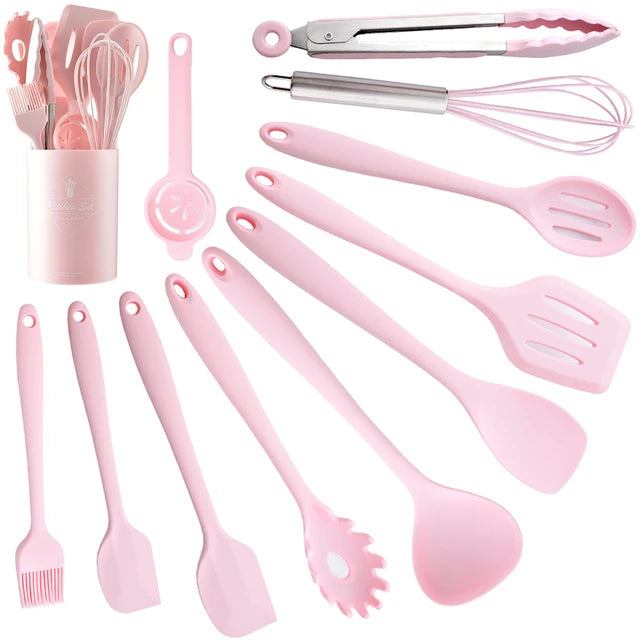 Food Grade Pink Silicone Kitchenware Cooking Spatula Soup Spoon Brush Scraper Non-stick Pan Storage Bucket Kitchen Cookware