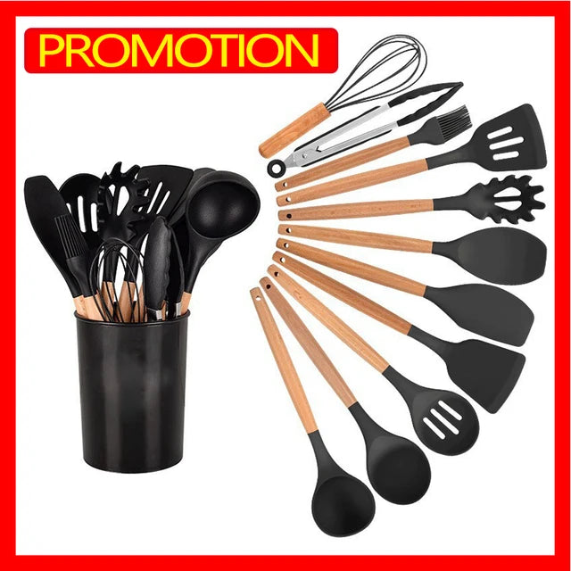 11/12PCS Silicone Kitchenware Non-Stick Cookware Kitchen Utensils Set Spatula Shovel Egg Beaters Wooden Handle Cooking Tool Set