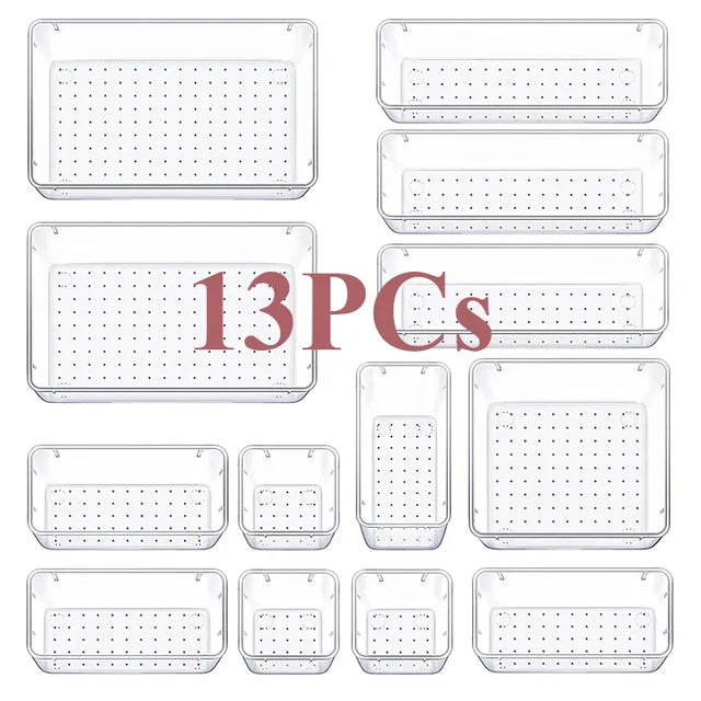 13/25PCs Desk Drawer Organizers Set Plastic Bathroom Storage Makeup Organizer Clear Transparent Storage Box Bins Kitchen Gadget