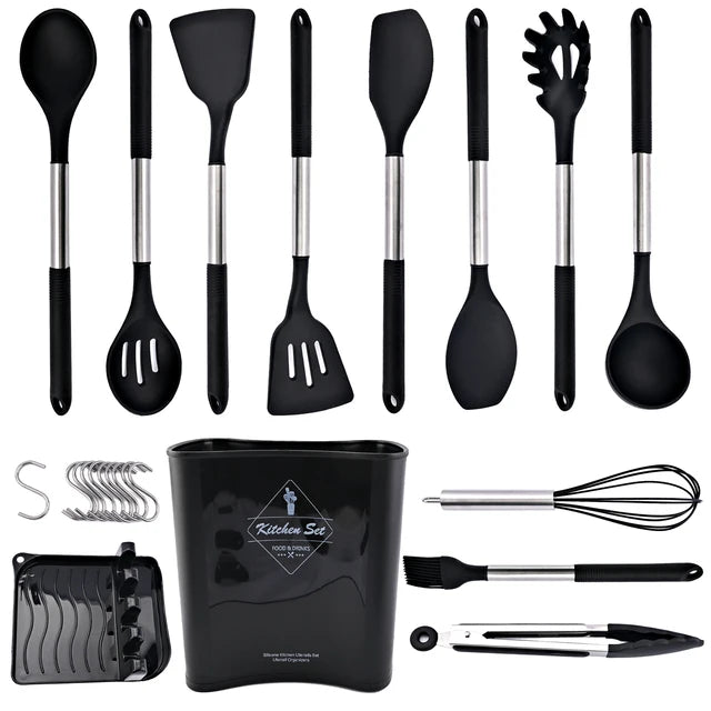 Silicone Kitchenware Non-stick Cooking Utensils Set Cookware Spatula Egg Beaters Shovel Stainless Steel Handle Kitchen Tool Set