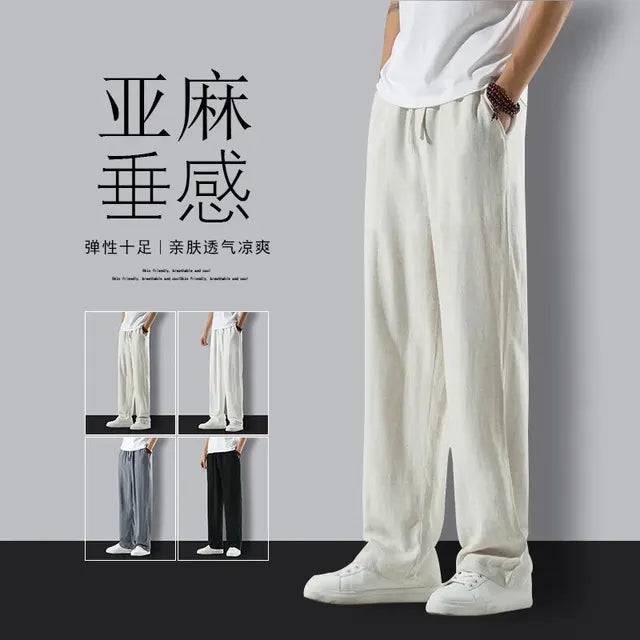 Men Summer Thin Breathable Slim Fit Casual Loose Trousers Large Size Cotton Linen Fabric Suitable Middle-Aged Elderly