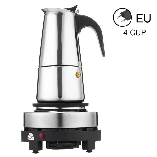 Electric Moka Coffee Pot EU Plug 4 Cups Italian Espresso Coffee Maker 304 Stainless Steel Percolator Classic Coffee Pot