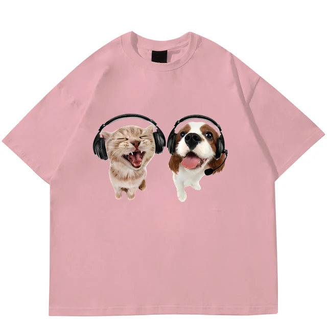 T-shirt Women's Fashion Summer Pure Cotton Men's Women's Unisex Hip Hop Cute Cat Dog Print Leisure T-shirt Street Clothing Top