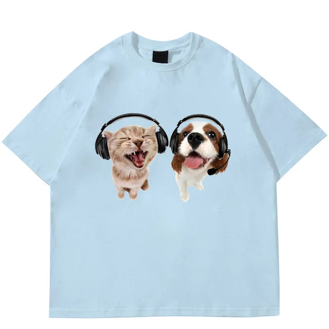 T-shirt Women's Fashion Summer Pure Cotton Men's Women's Unisex Hip Hop Cute Cat Dog Print Leisure T-shirt Street Clothing Top