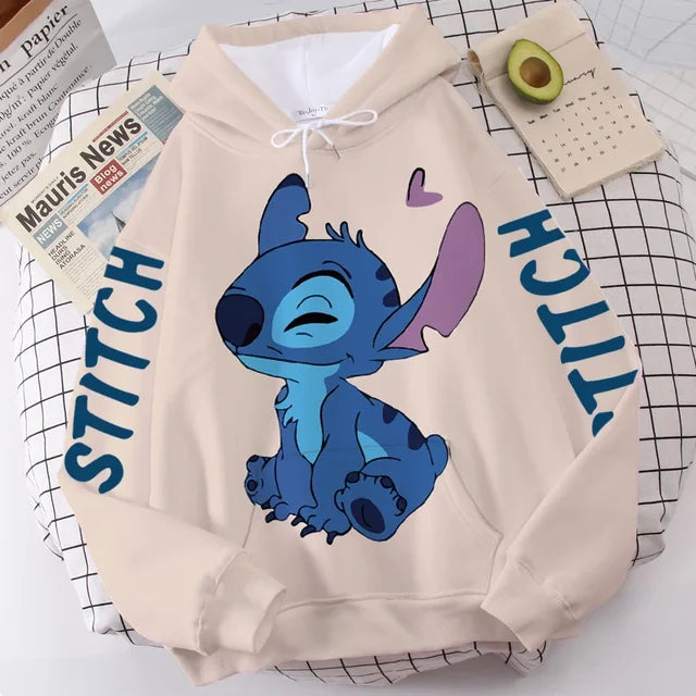 Disney Hoodie Fashion Stitch Angel Monster Letter Cartoon Sweatshirt Pullover Cute Harajuku Unisex Women's Pocket Top