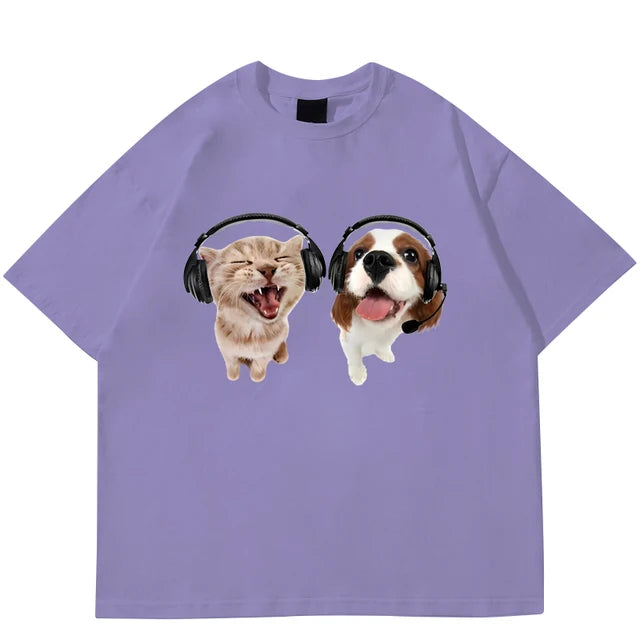 T-shirt Women's Fashion Summer Pure Cotton Men's Women's Unisex Hip Hop Cute Cat Dog Print Leisure T-shirt Street Clothing Top