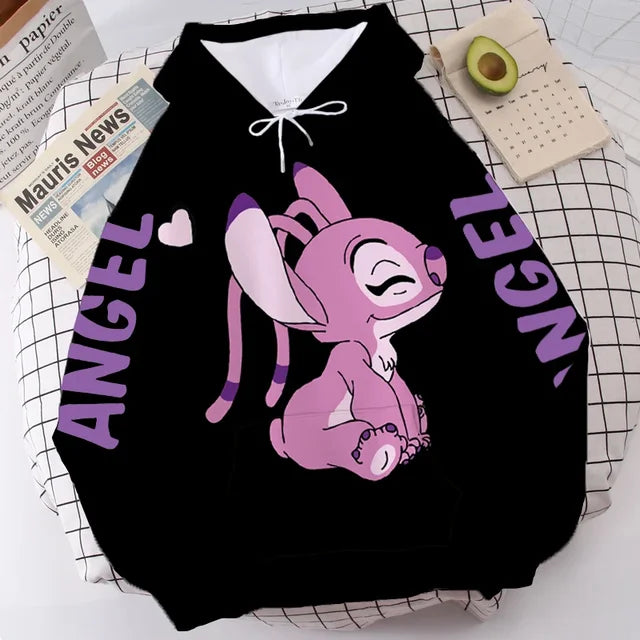 Disney Hoodie Fashion Stitch Angel Monster Letter Cartoon Sweatshirt Pullover Cute Harajuku Unisex Women's Pocket Top