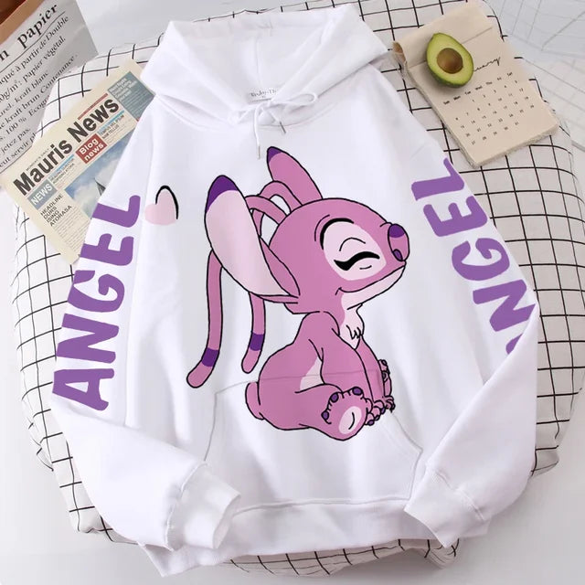 Disney Hoodie Fashion Stitch Angel Monster Letter Cartoon Sweatshirt Pullover Cute Harajuku Unisex Women's Pocket Top