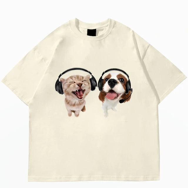 T-shirt Women's Fashion Summer Pure Cotton Men's Women's Unisex Hip Hop Cute Cat Dog Print Leisure T-shirt Street Clothing Top