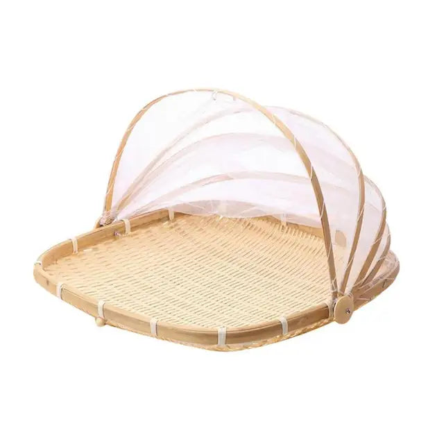 Hand-Woven Food Bamboo Kitchen Organizers Basket Tray Fruit Vegetable Bread Storage Basket Outdoor Picnic Mesh Net Cover