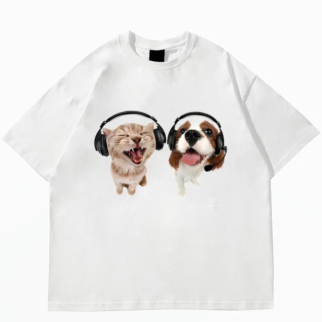 T-shirt Women's Fashion Summer Pure Cotton Men's Women's Unisex Hip Hop Cute Cat Dog Print Leisure T-shirt Street Clothing Top