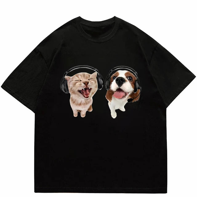 T-shirt Women's Fashion Summer Pure Cotton Men's Women's Unisex Hip Hop Cute Cat Dog Print Leisure T-shirt Street Clothing Top