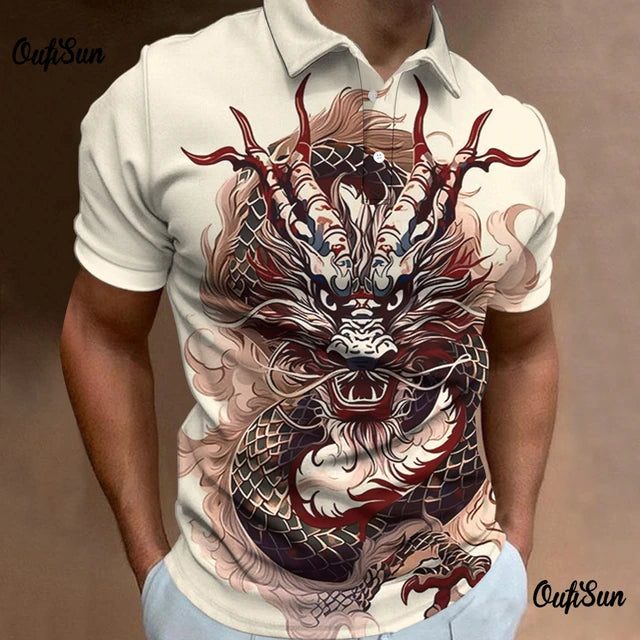 Dragon Pattern Polo Shirt For Men Fashion Short Sleeved Animal Tops Breathable Casual Men's Clothing New Style Polos Para Hombre