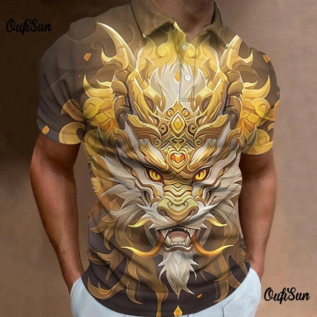 Dragon Pattern Polo Shirt For Men Fashion Short Sleeved Animal Tops Breathable Casual Men's Clothing New Style Polos Para Hombre